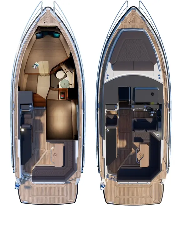 Interior and deck layout of a modern boat, showcasing seating areas, helm, and cabin with amenities.